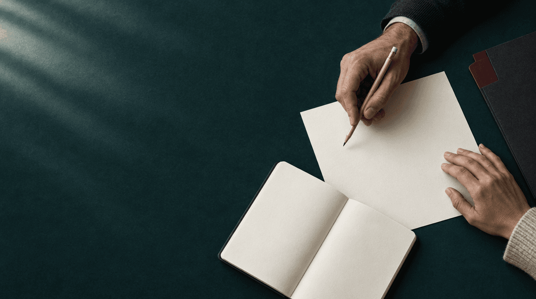 Hands reviewing a blank sheet and notebook on a deep teal desk.